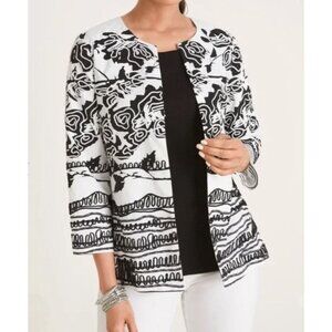 Chico's Women's Blazer Jacket 16-18 White Black Embroidered Linework Open Front